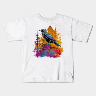 Raven in a colorful forest Kids T-Shirt